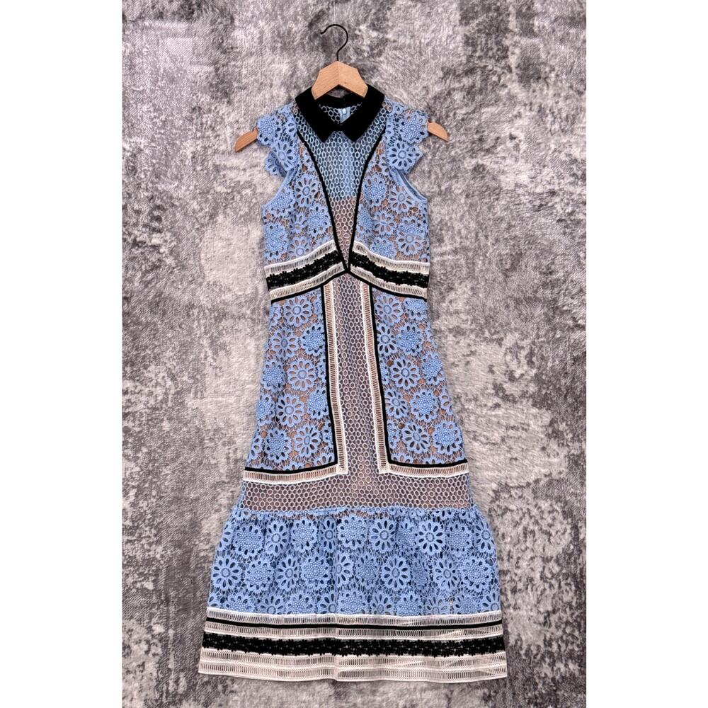 Self-Portrait Blue and Black Crochet Lace Midi Dress